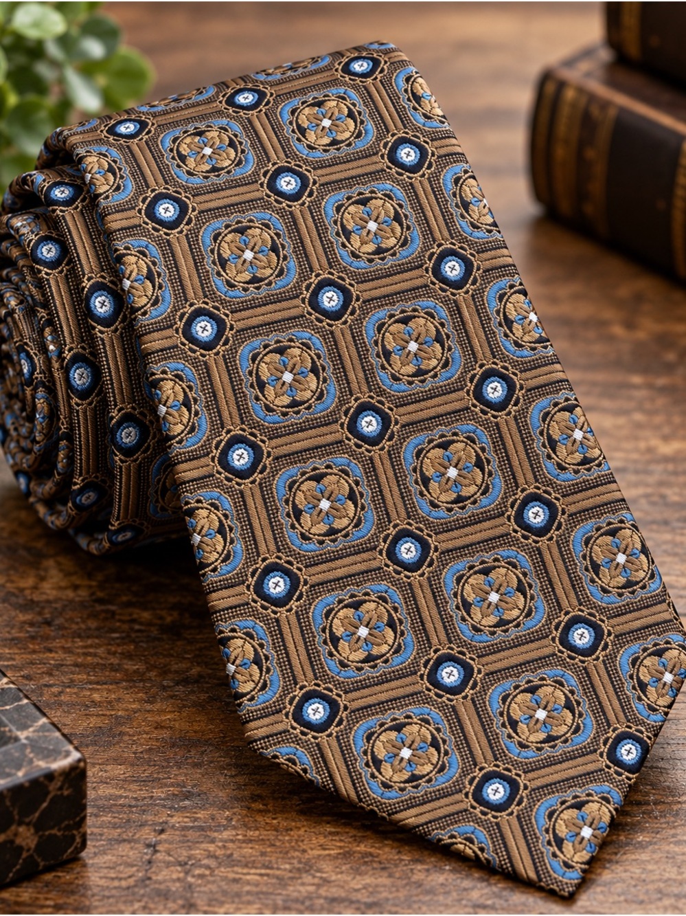 Jos A Bank Reserve Silk Tie Brown Blue Geometric Medallion Jacquard 59”